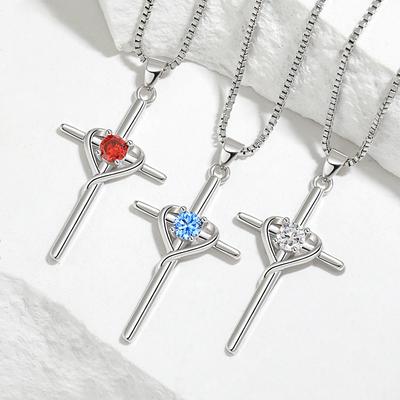 Heart-Shaped Twelve Constellations Stone Collarbone Chain, Retro Cold Wind Faith Cross Necklace