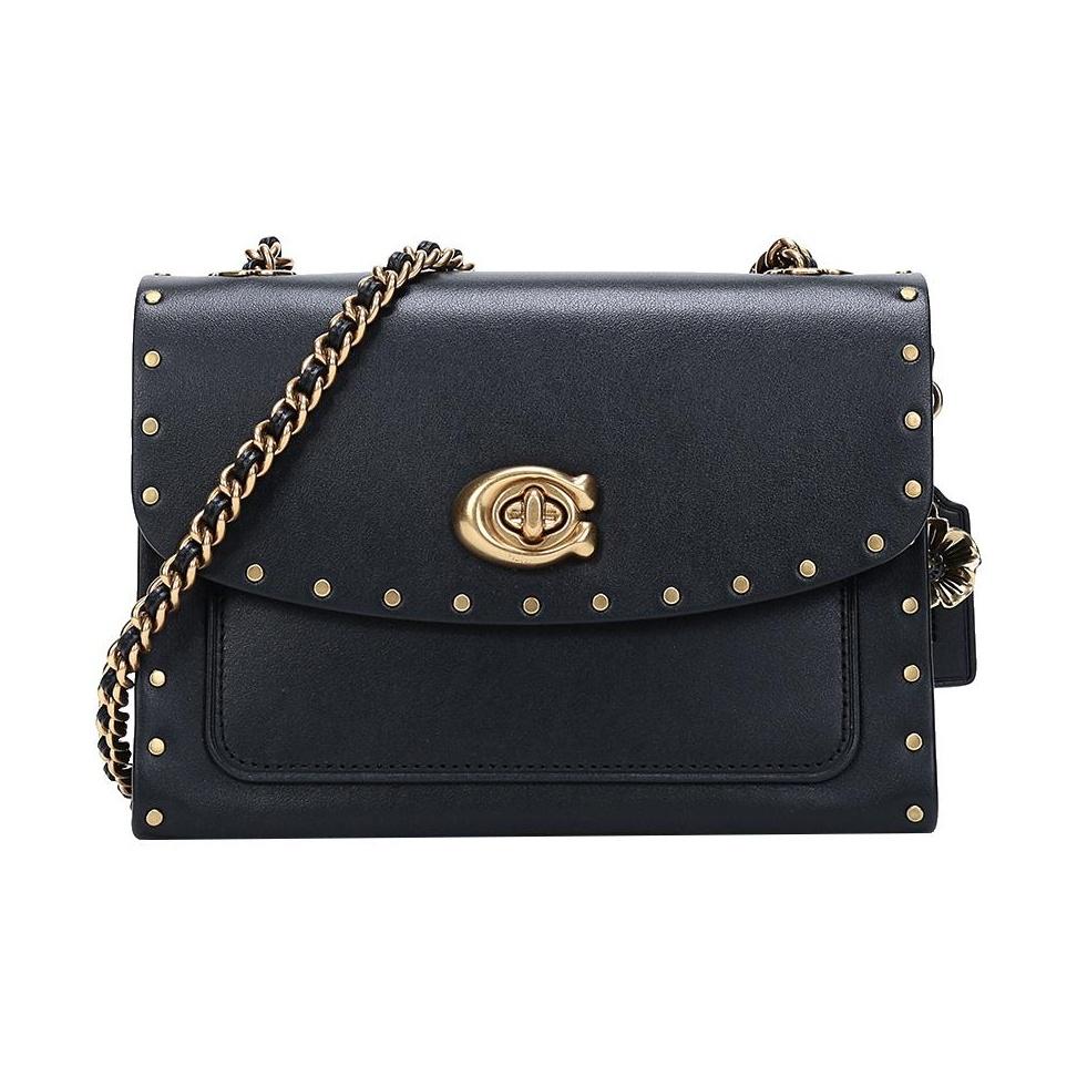 Coach Parker 18 Metallic Flower Charm Turnlock Logo Studded Decor Leather Chain Crossbody Shoulder Bag Small Women bags Black 29389-B4BK Basic Set (Bag+Dust Bag)