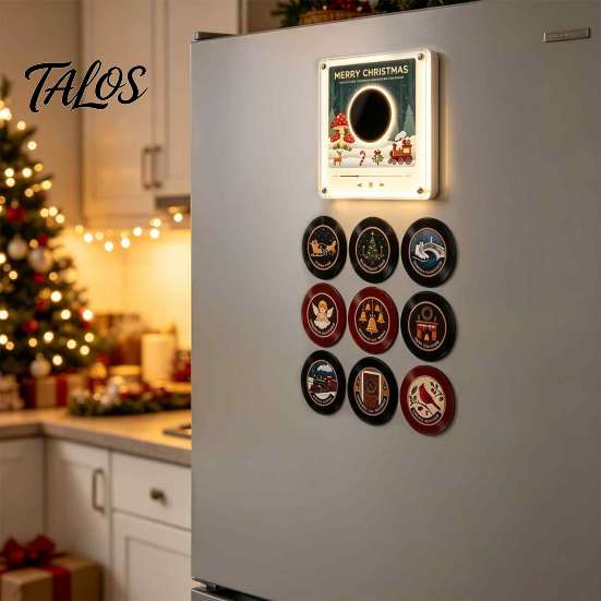 NFC Vinyl Record Player Fridge Magnet for Christmas, with 9 Programmable Records, Set 256MB Memory, LED Light-Up Personalized Magnetic Music Box Mini
