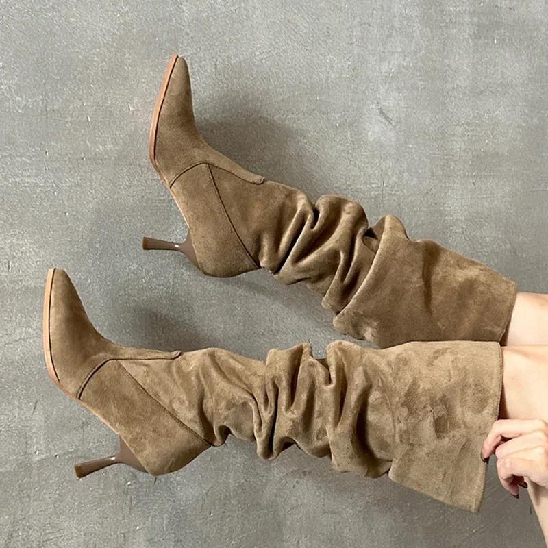 Mode Damen Stiefeletten Street Style Spitzschuh Kniehohe Stiefel Sexy Plissee Dünne Absätze Stripper Prom Herbst Winter Schuh Botas Altas