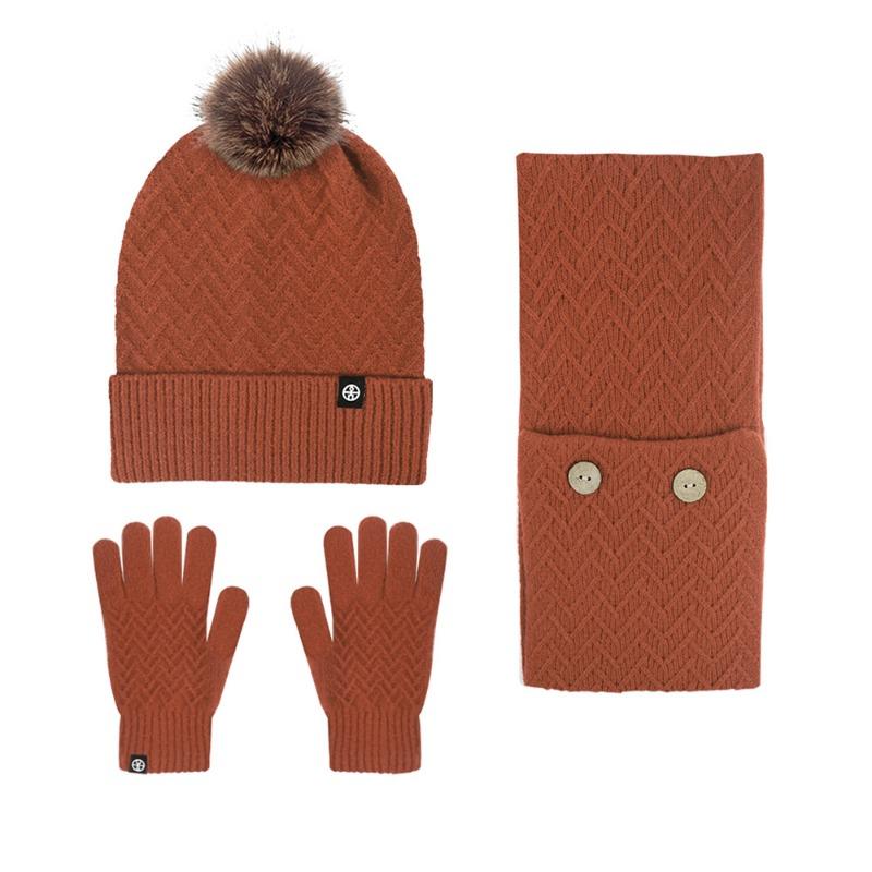 Autumn and winter outdoor cold-proof hairball knitted hat, scarf, gloves three-piece set, warm stack hat three-piece set