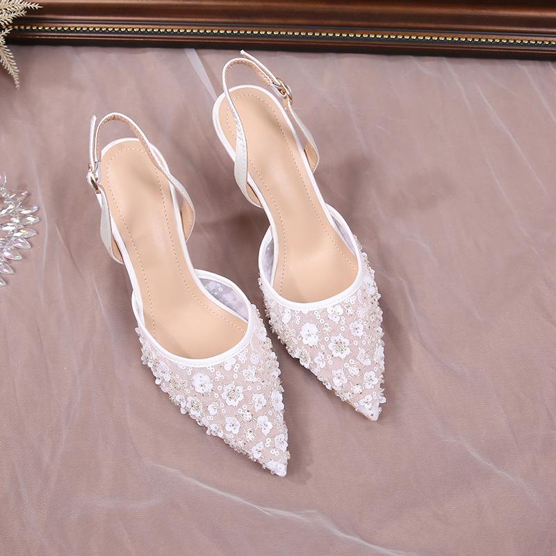 

Fashion Fashion Sequined Lace Flowers Women Pumps Elegant Pointed toe Satin Wedding Thin High heels Summer Female Party Bridal Shoes 35