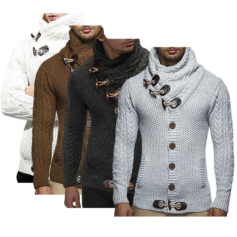 Elegant Men Long Sleeve Knitted Sweater With Horn Buttons And Turtleneck Coat Cardigan