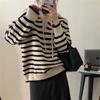 Simple casual hooded knitted sweater women's spring and autumn new loose soft waxy lazy striped pullover sweater