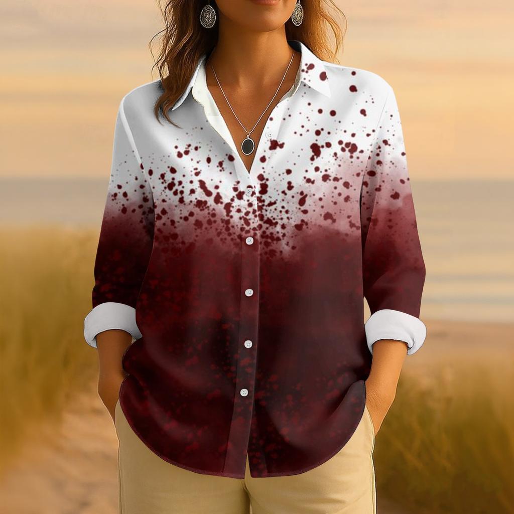 Women's Retro Halloween Printed Button Up Long Sleeved Casual Regular Shirt Collar Top