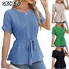 Camicette e camicie con scollo a maniche corte, stampa tinta unita, moda casual da donna