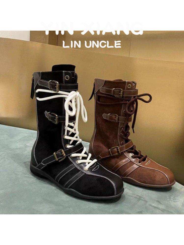 Cowhide version~ 5cm inner height increase thick-soled boxing boots women's upgraded version duck hunting boots belt buckle design Martin boots sho