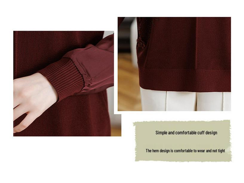 Mom's Gauze Sleeve Long-Sleeve Knit Top for Middle-aged Women - Lightweight Spring/Autumn Wear