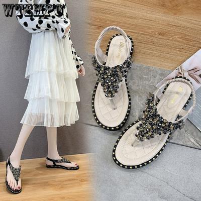 Summer Women's Sandals Clip Toe Female Fairy Wind New Rhinestone Bohemian Flat Bottom Beach Shoes Sandals Rubber Material