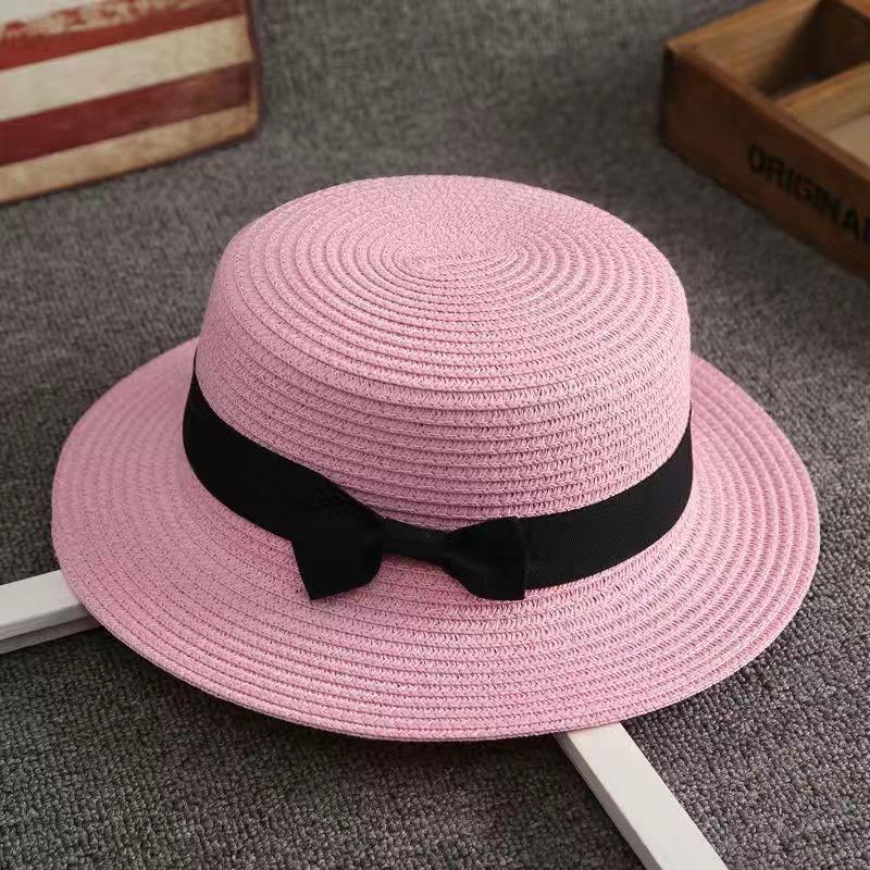 Women's Flat Top Vacation Straw Hat Solid Color Wide Bow Bow Hat Sunscreen Beach Hat