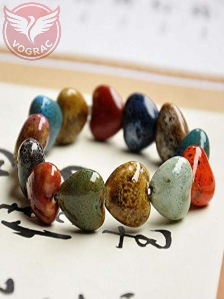VOGRAC Colorful Ceramic Beads Strand Stretch Bracelet, Handmade ceramic bead bracelet,Shapes Elastic Hand Chain for Women