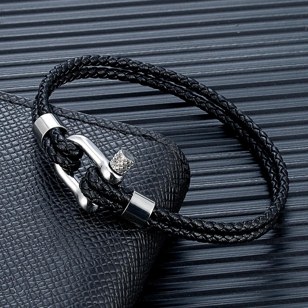 MKENDN Black Stainless Steel Shackle Bracelet Double Layer Blue Leather Handmade Nautical Jewelry for Men Women
