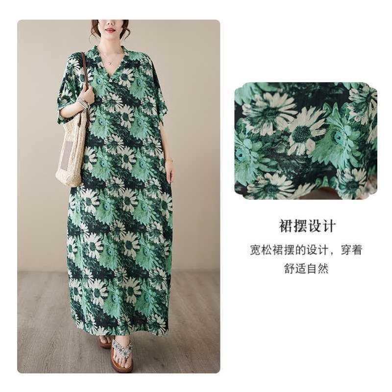 V-neck Thin Plus Size Loose Vintage Cover-up Long Dress