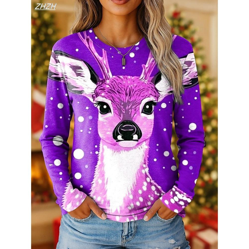 2025 Women's Vintage Reindeer Print Long Sleeve, Christmas Party Crew Neck, Holiday Gift Top, Fall Winter Festive Style