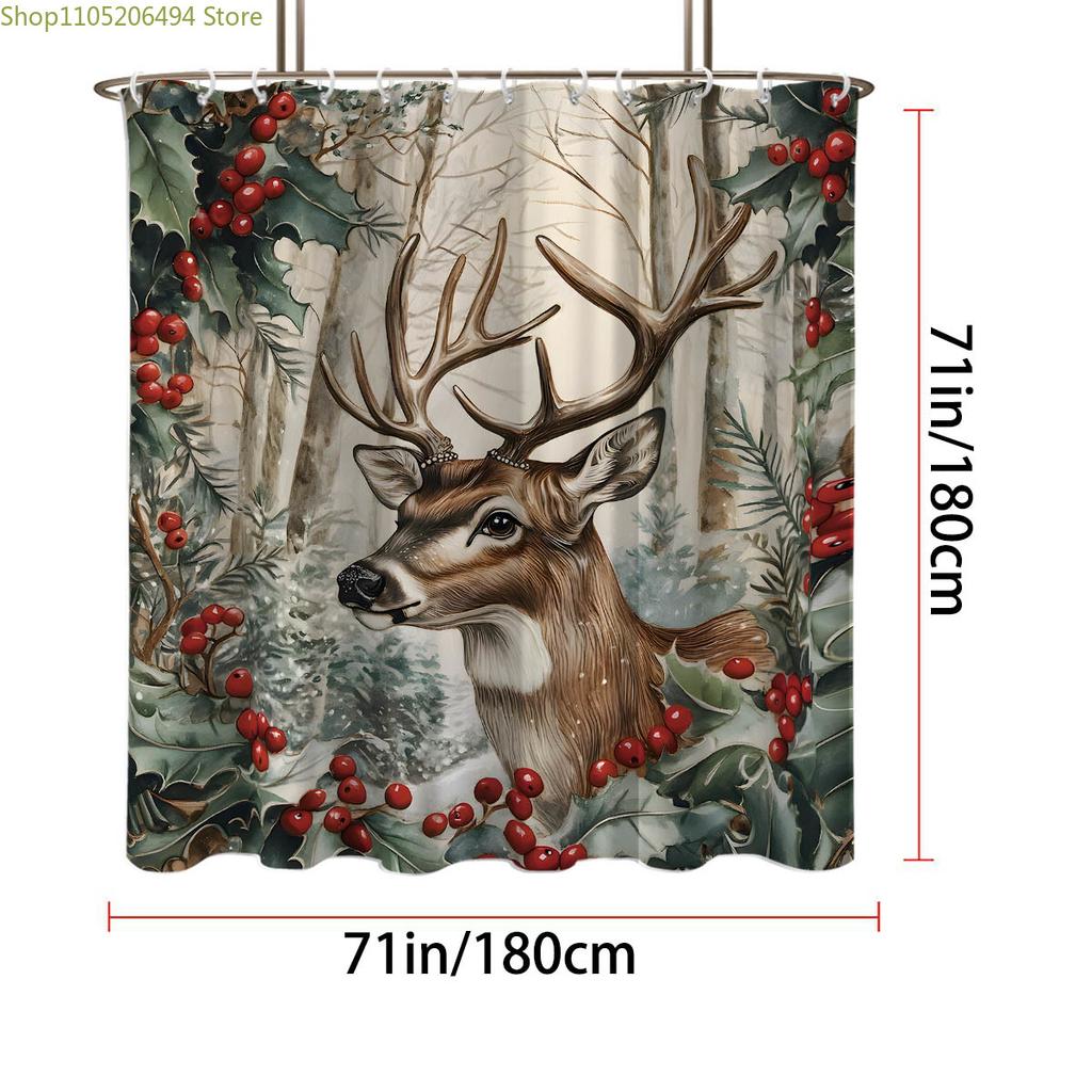 1pc Christmas Reindeer Print Waterproof Shower Partition Privacy Hanging Curtain with 12 Hooks, Multiple Sizes, Machine Washab