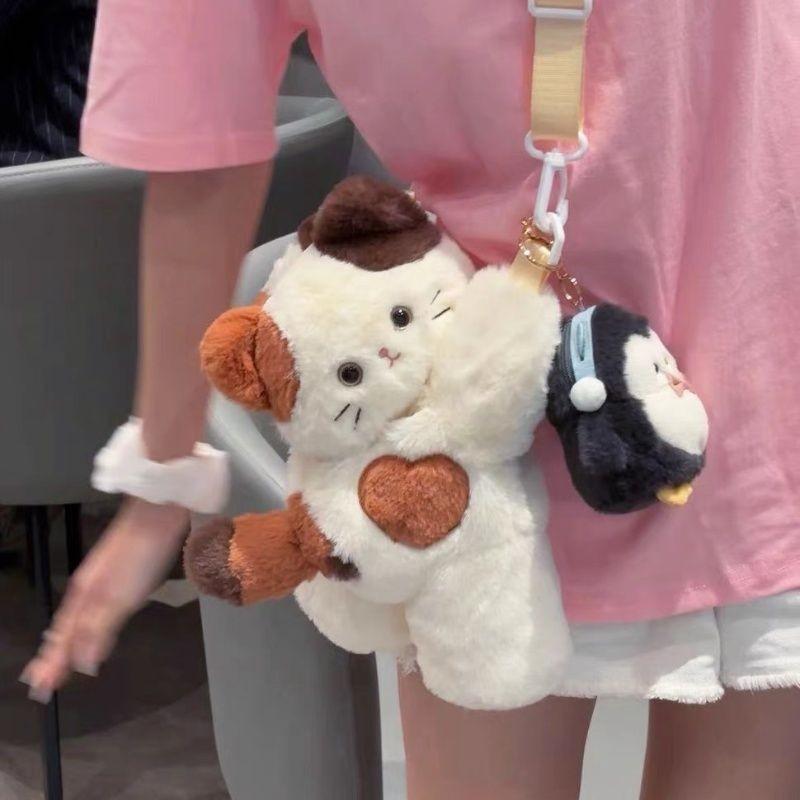 Cute Calico Cat Soft Plush Crossbody Bag With Zipper Closure For Daily Use