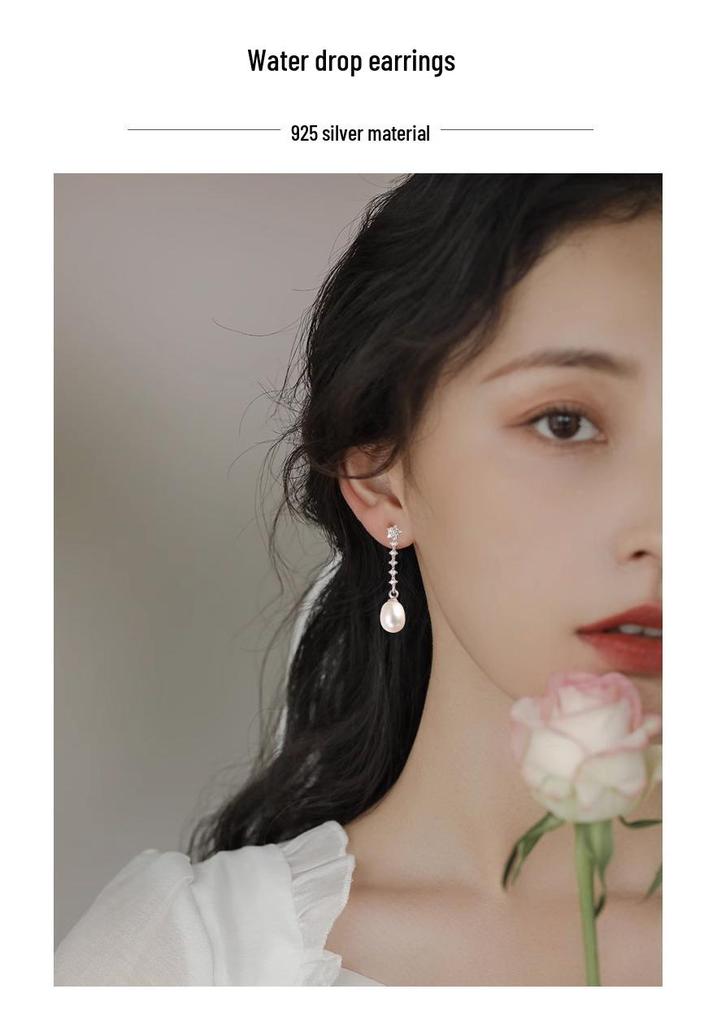S925 Sterling Silver Pearl Earrings with Rhinestones - Elegant Hong Kong Style Luxury Earring Drops