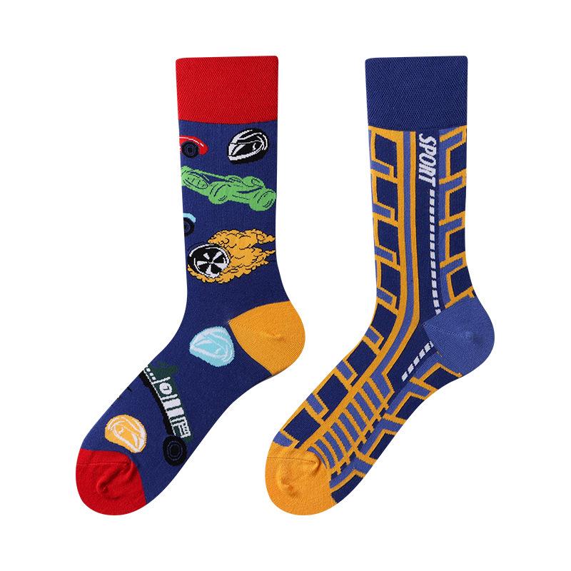 Unisex A/B Style Asymmetrical Cartoon Mid-Calf Cotton Socks