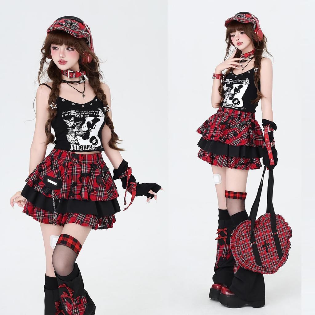 LAVASEON Checkered Mini Tiered Mori Chain Accessory Skirt, Punk, Ruffled, Length, Cute, Women's, Mass-Produced, Subculture, School-Style, Skirt, Red,