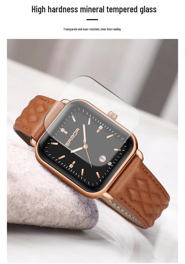 Sanda Quartz Retro Square Watch: Simple Bar Index, Calendar, Waterproof, Business Casual, Unisex Strap