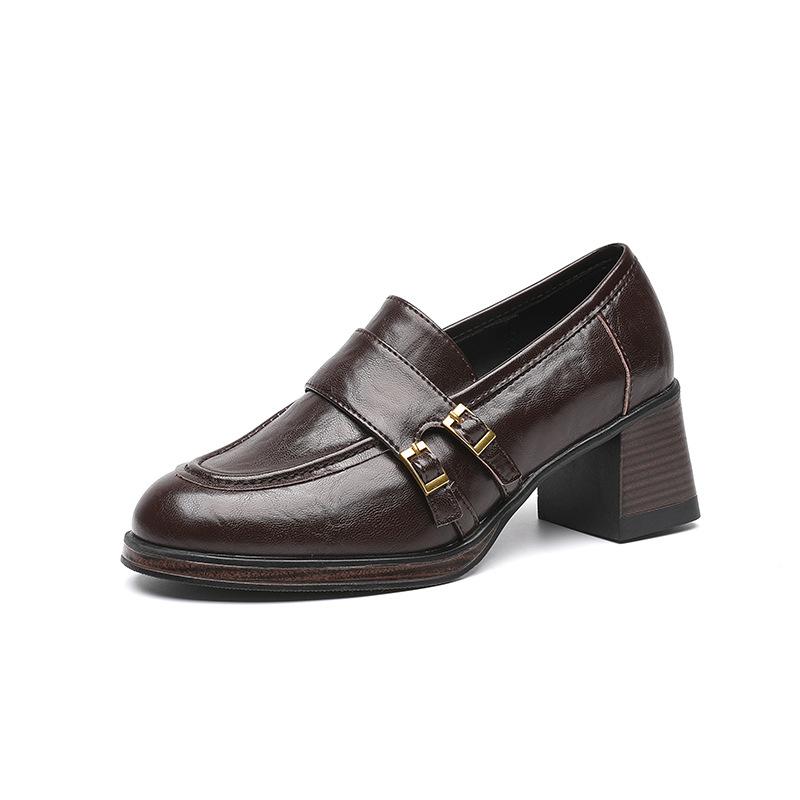 Cowhide retro round head double-breasted medium heel small leather shoes women's one-pedal loafers commuter shoes