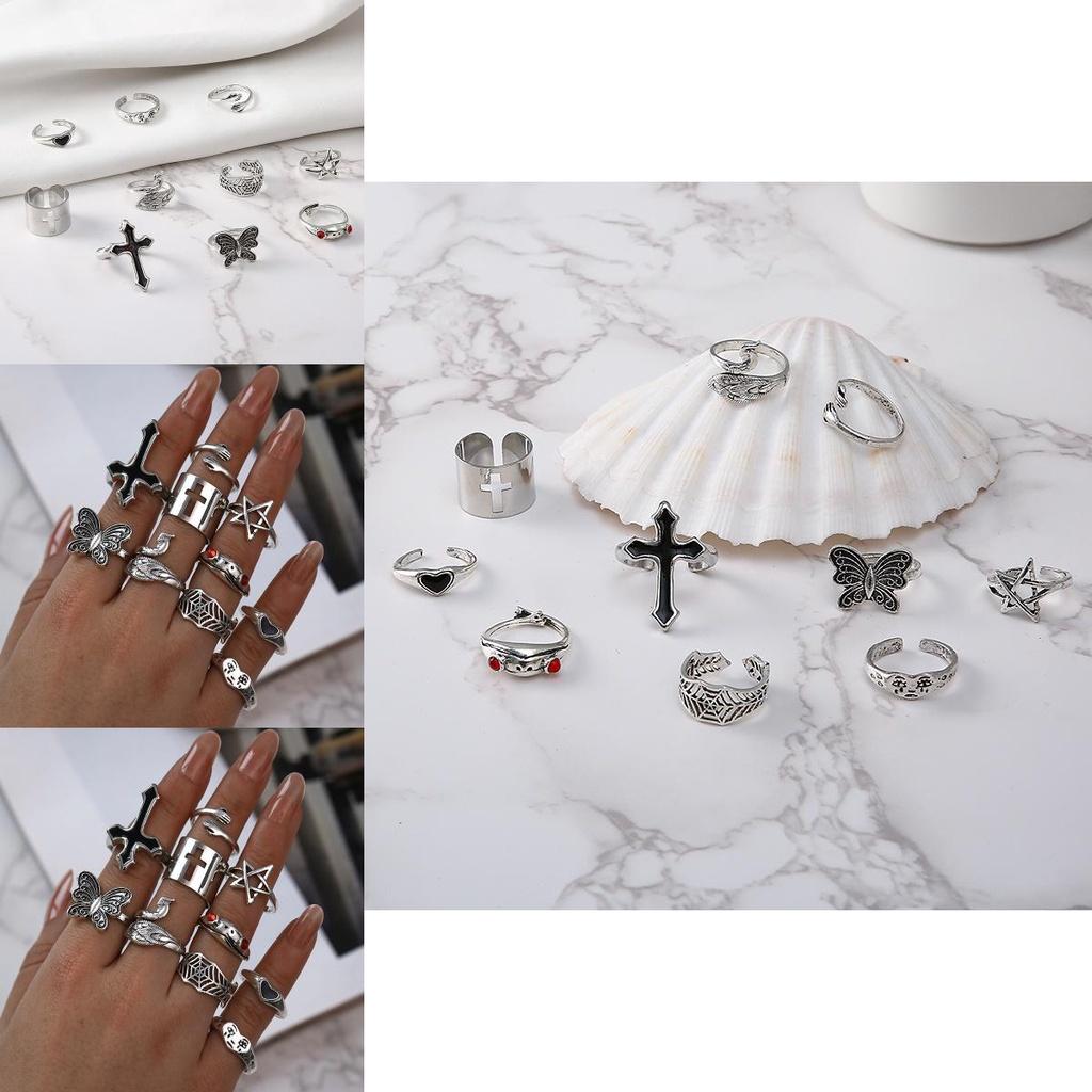 Stylish Peacock Frog Butterfly Sad Face Ring Set 10 Pieces