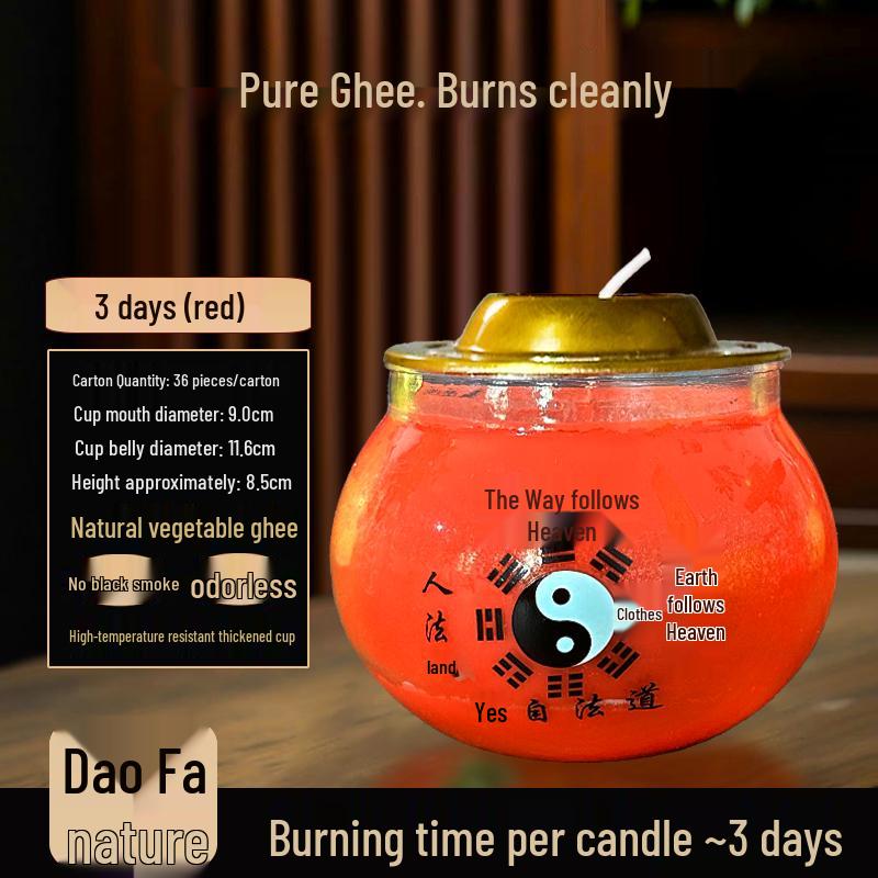 Ghee Oil Candle for Taoist Temple: 7-Day Smokeless Cylindrical Lamp
