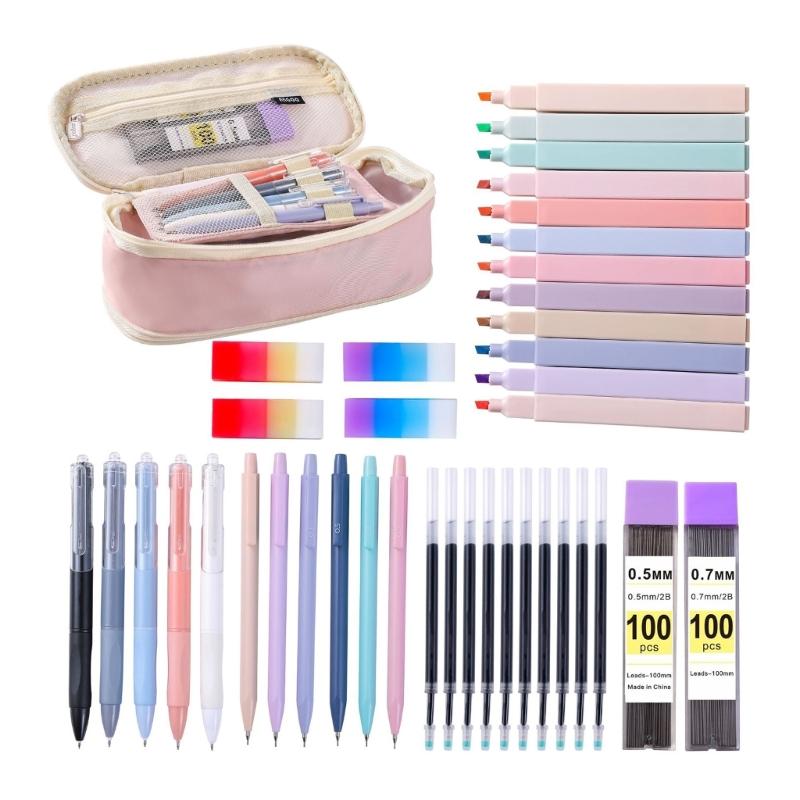 School Set Pencil Case Highlighter Pen Eraser Gel Pen School Accessories Set for Classroom and Office Use