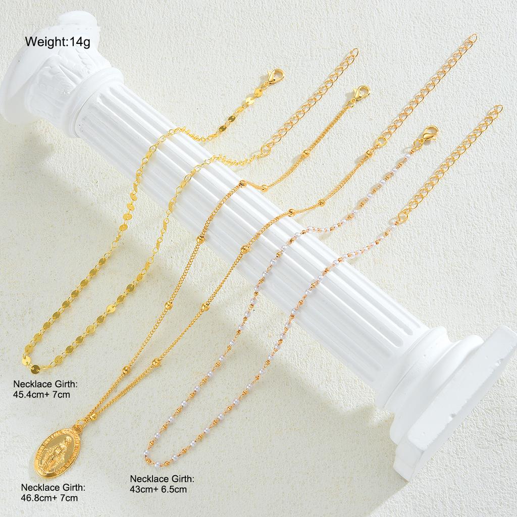 3 Pcs Minimalist Coin Pendant Necklace Set for Women Elegant Gold Color Jesus Print Design Multilayer Pearl Bead Chain Necklace