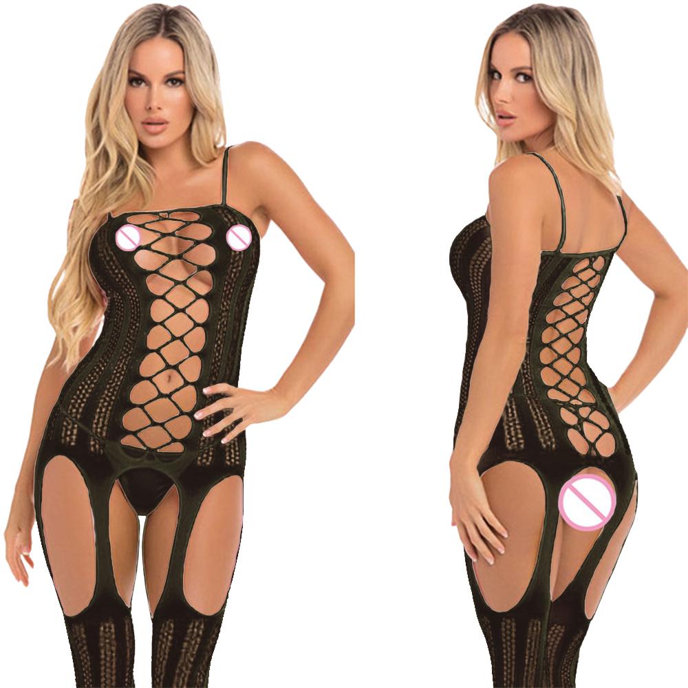 Sexy Hollow Fishnet Teddies Bodysuit Women Erotic Crotchless Lingerie Full Sleeve Bodystockings Perspective Teddy Mesh Dress