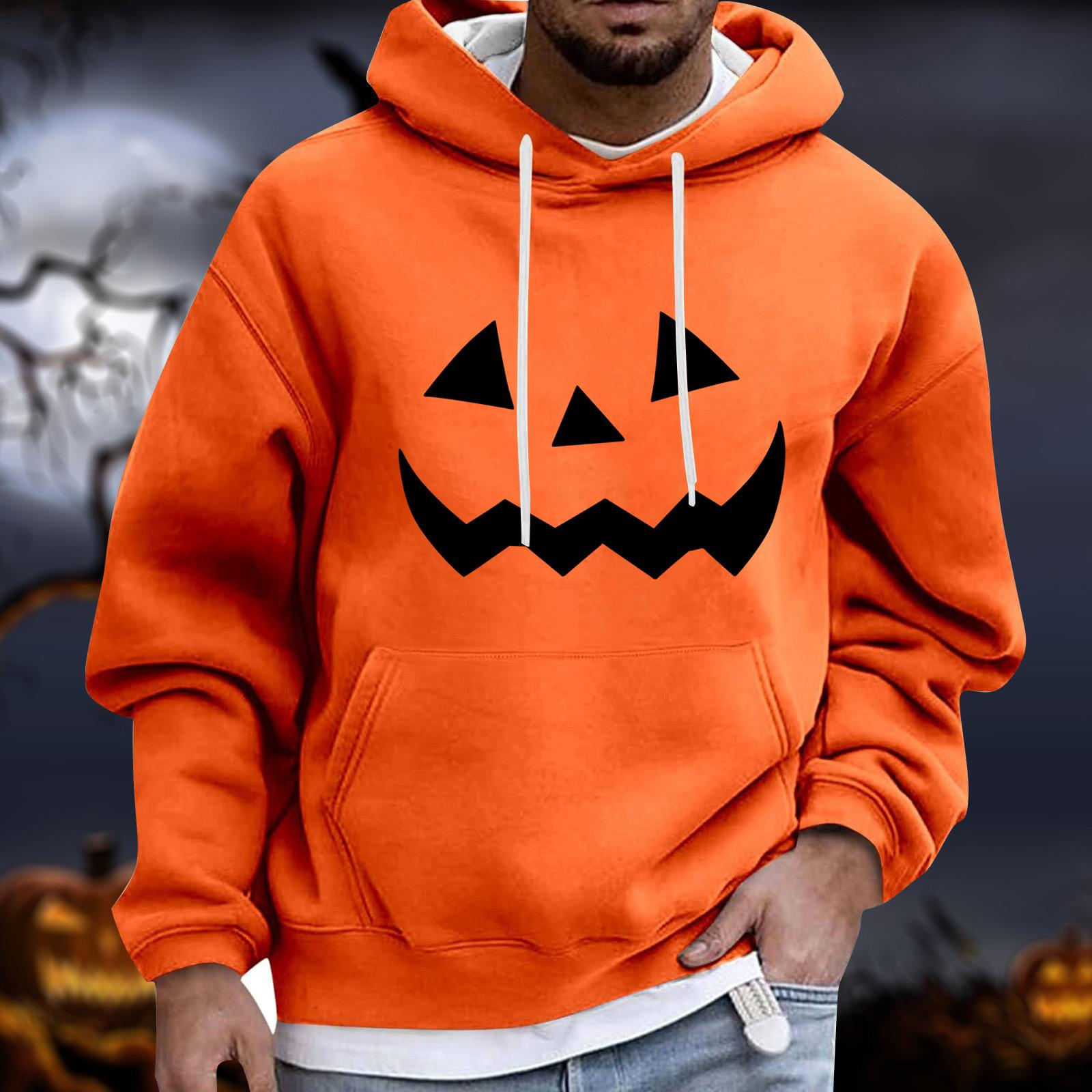 Men s Halloween Hoodie Funny Pumpkin Face Hoodie Scary Long Sleeve Top L синий