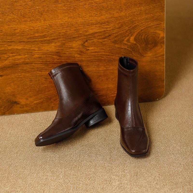 Retro Maillard Boots Rear Zipper Temperament Commuter Soft Leather Thick Heel Autumn and Winter New Versatile Small Short Boots Women