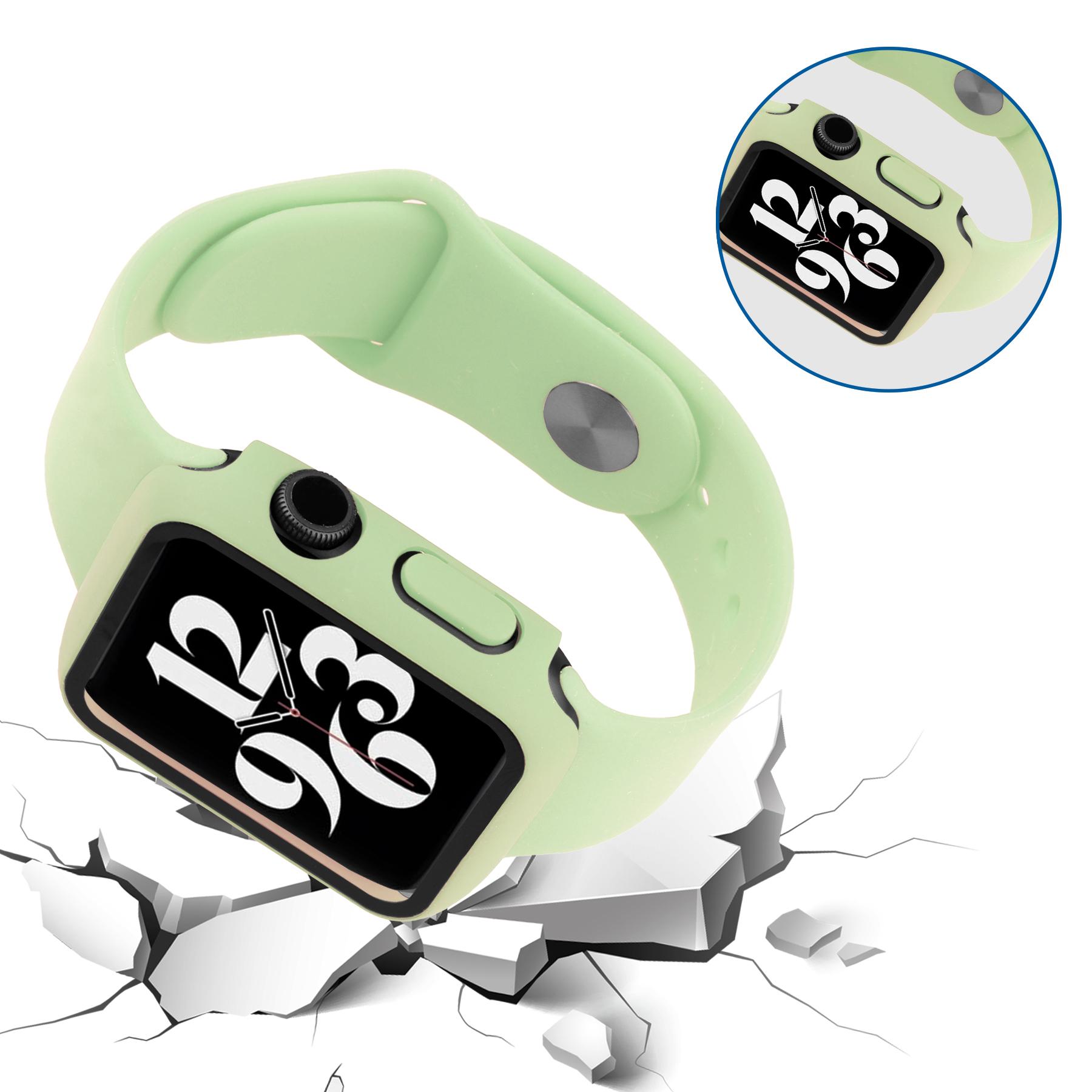 

Silicone Watch Strap with PC Frame+Tempered Glass Screen Protector Anti-scratch Replacement for Apple Watch Series 7 45mm Yellow