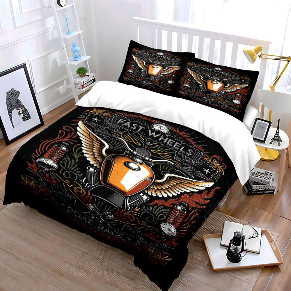 Motorcycle, wings, and text. Bedding sets Duvet cover sets Duvet covers Pillowcases(1* Duvet Cover 2* Pillowcases without duvet insert)