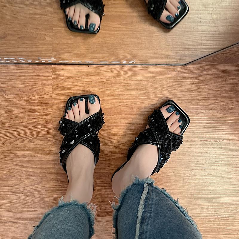 Fashion Aphixta Bling Sequined Decoration Flat With Slippers Cross Straps Casual Women Outside Slides Square Toe Summer Sandals Shoe