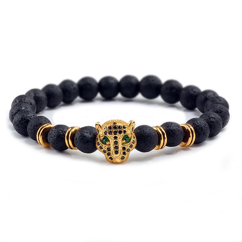 Volcanic Stone Beads Bracelet with Leopard Head and Diamond Circle - Trendy Elastic Hand Ornament