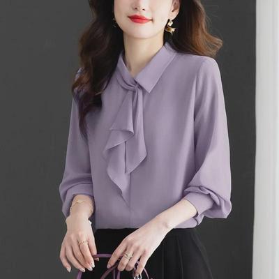 Green French Chiffon Shirt for Women - 2025 Spring Ribbon Design, Fashionable & Age-Reducing Long Sleeve Top