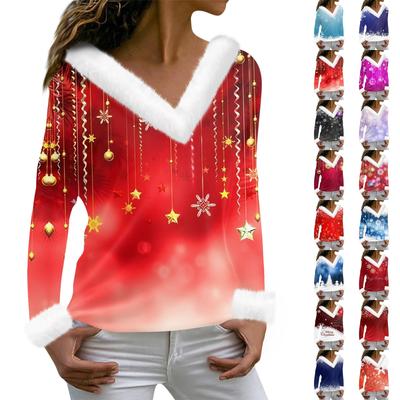 Dammode Casual Långärmad V-ringad Julmönstrad Plyschtopp