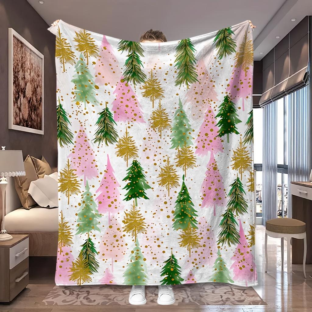 1pc Pink Pine Tree Christmas Minimal Print Flannel Blanket, Skin-friendly and Cozy, Suitable for Blankets, Kid Bed Covers, Bedroom, Travel and Rest, I