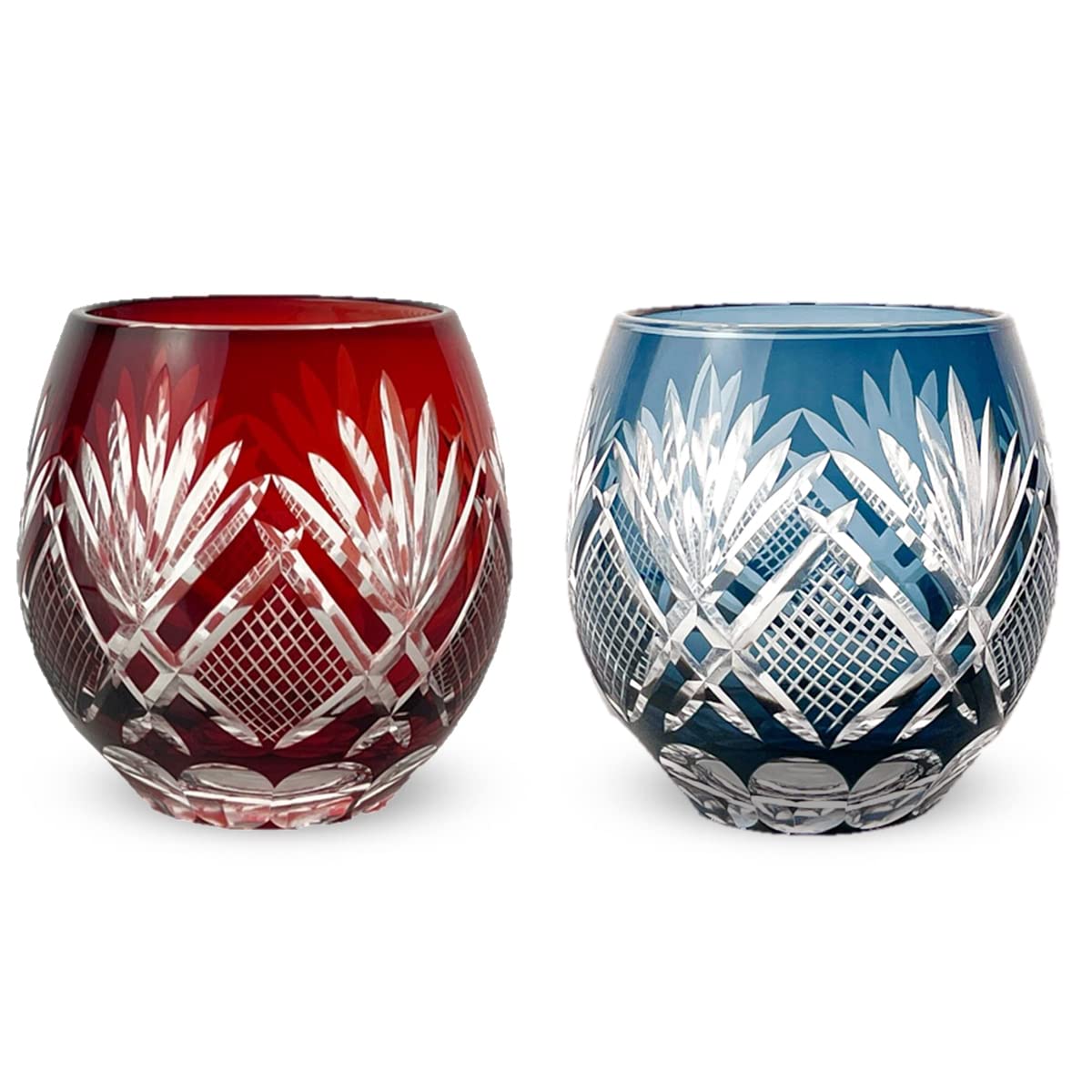 

Nostalgia Cut Glass Pair Glass Cups 350cc Flower and Arrow Red Ink Blue Bishou Current Model J-kitchens Egg-Shaped 6.9×8.9cm &