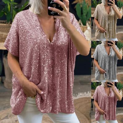 Women T-shirt Sequined V Neck Solid Color Short Sleeve Pullover Top