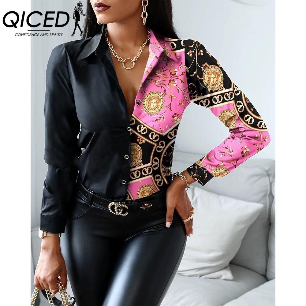 QICED Women's Fashion Casual Solid Color Print Long Sleeve POLO Neck Blouses & Shirts