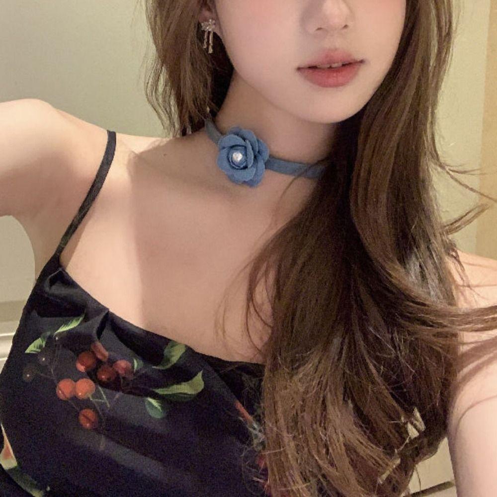 

Flower Camellia Necklace Lace Pearl Chain Choker Korean Style Rose Choker Necklace Hipster