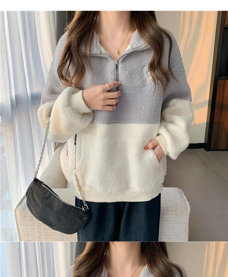 

Женский флисовый пуловер из овечьей шерсти: Трендовый воротник-стойка, застежка на половину молнии, с плюшевой подкладкой, плотный, свободного кроя, с длинными рукавами для осени/зимы XL