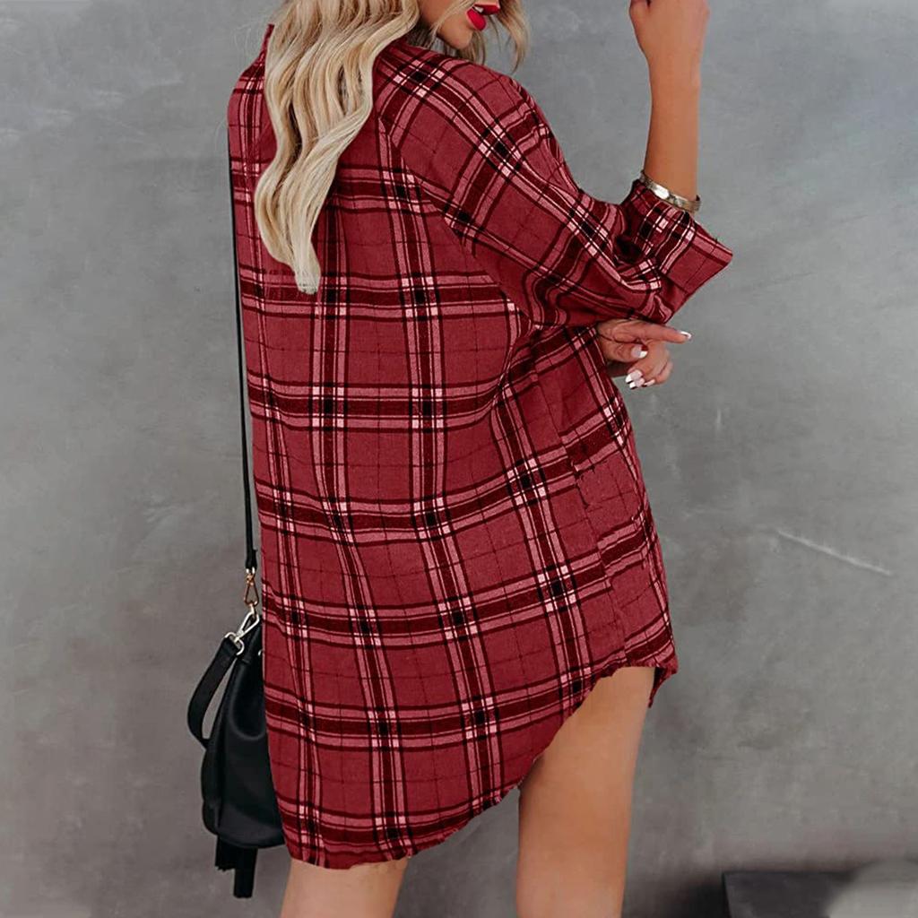 Women's Long Sleeve Plaid Shirt Dress V Neck Button Down Casual Loose Fit Tunic Top with Roll Tab Sleeves and Side Pockets for Autumn Winter