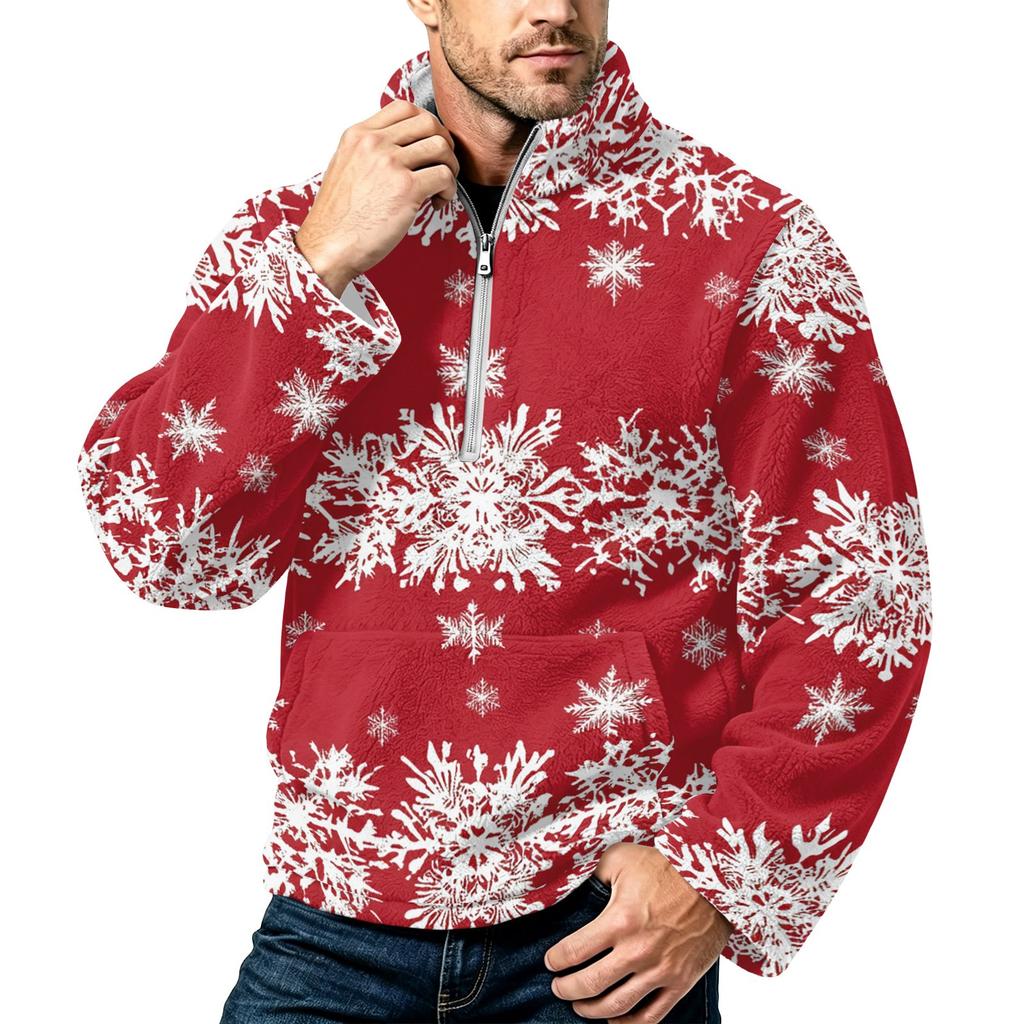 Men's Christmas Print Zip-Up Sweatshirt with Stand Collar, Plus Size Flannel Top for Fall Winter