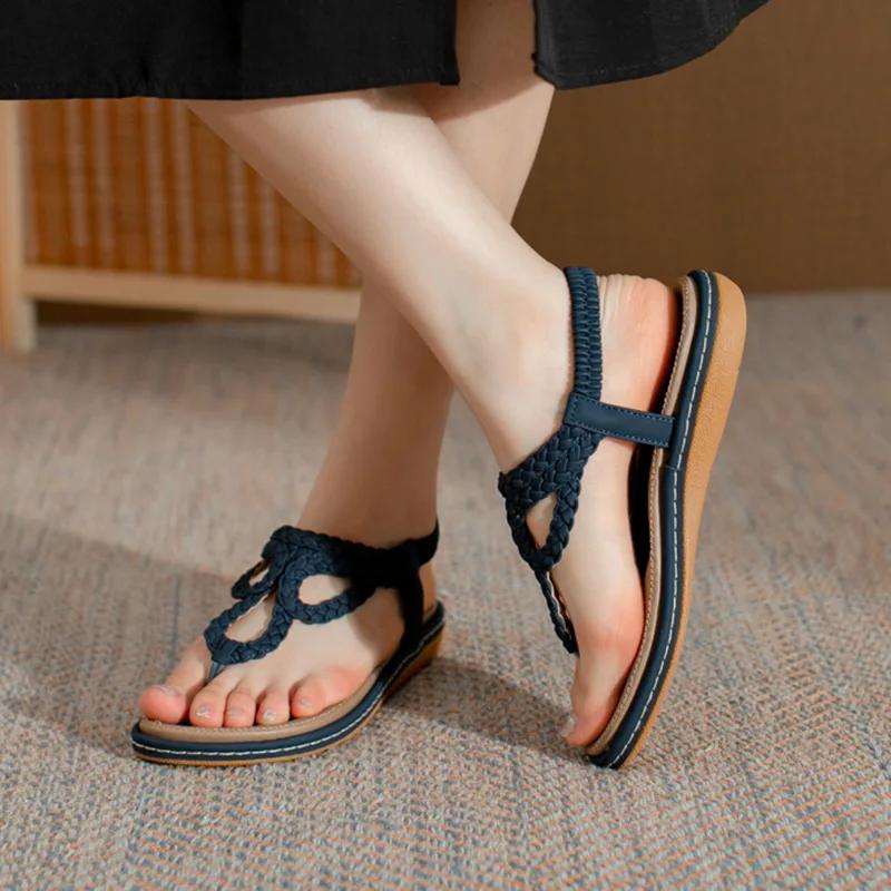 2024 Fashion Summer Shoes Women Flat Sandals Flip Flops Non-slip Summer Ladies Bohemian Shoes Plus Size 42 D082