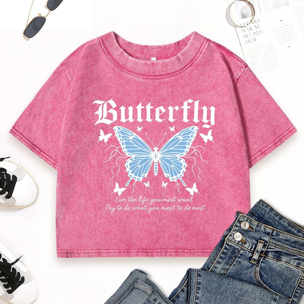Blue Butterfly Art Letter Printed Washed T-Shirt Women Slim Cotton T Shirts Crop Y2K O-Neck Clothes Casual Top