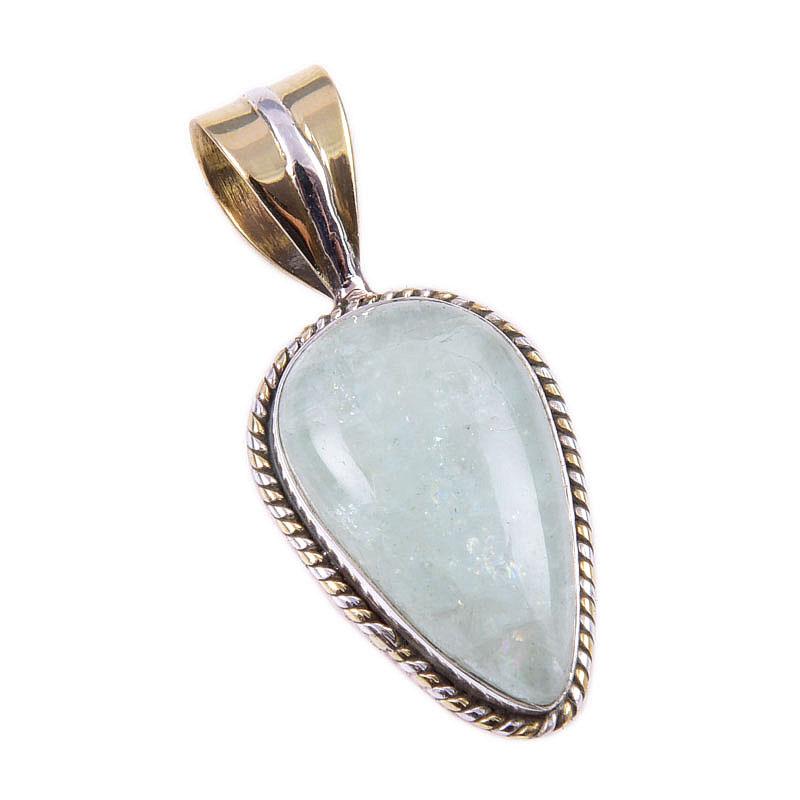 Natural Aquamarine Gemstone 925 Solid Sterling Silver TwoTone Pendant 1.25" i1E85