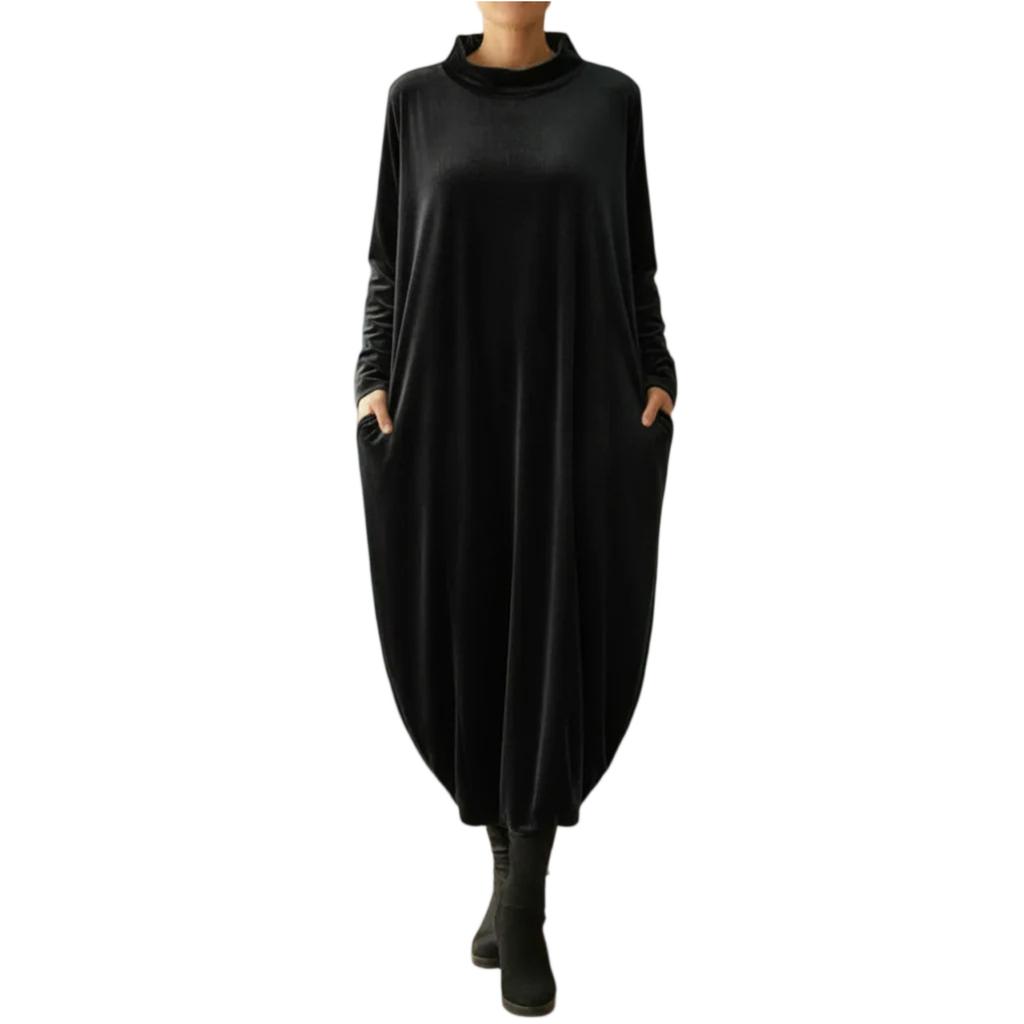 Modisches Damenkleid in Farbe, Rundhalsausschnitt, Langarm, Mit Tasche, Lang, Aus Goldvelours, Locker